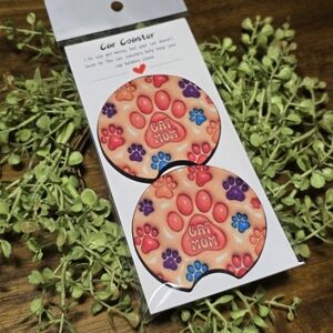 Cat Mom Paw Print Car Coaster Set - Pink & Multicolor